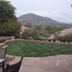 The lawn is edged with an eclectic flagstone selection that color coordinates with the tinted concrete. Plant material on the fence will hide the neighboring house soon enough.